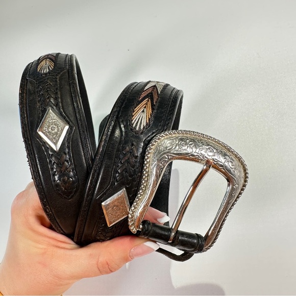 Black Leather Belt with Intricate Silver Buckle - Picture 2 of 10